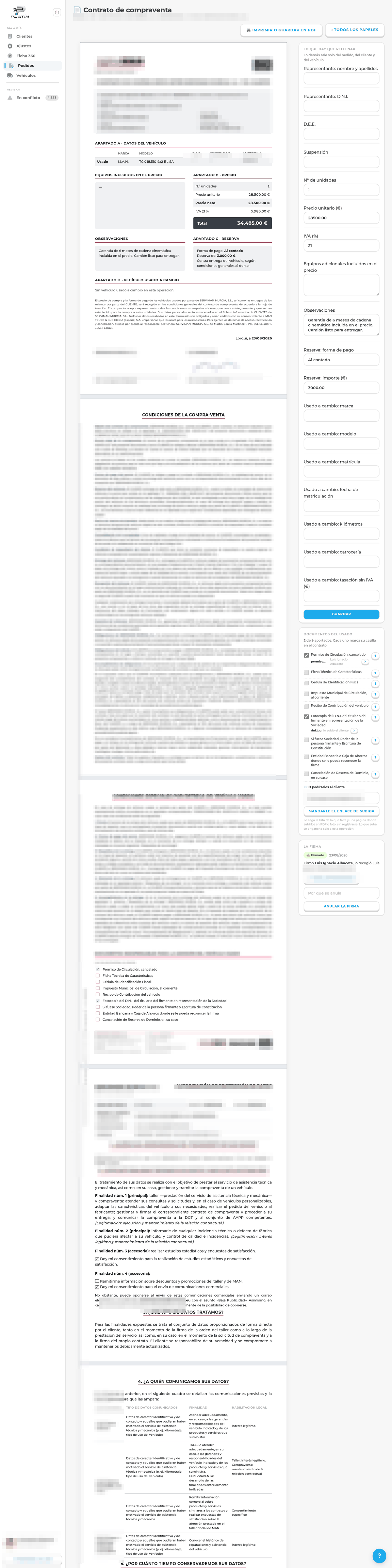 El pliego del contrato en Platín CRM: 5 hojas con la marca de la sociedad, dorso y protección de datos