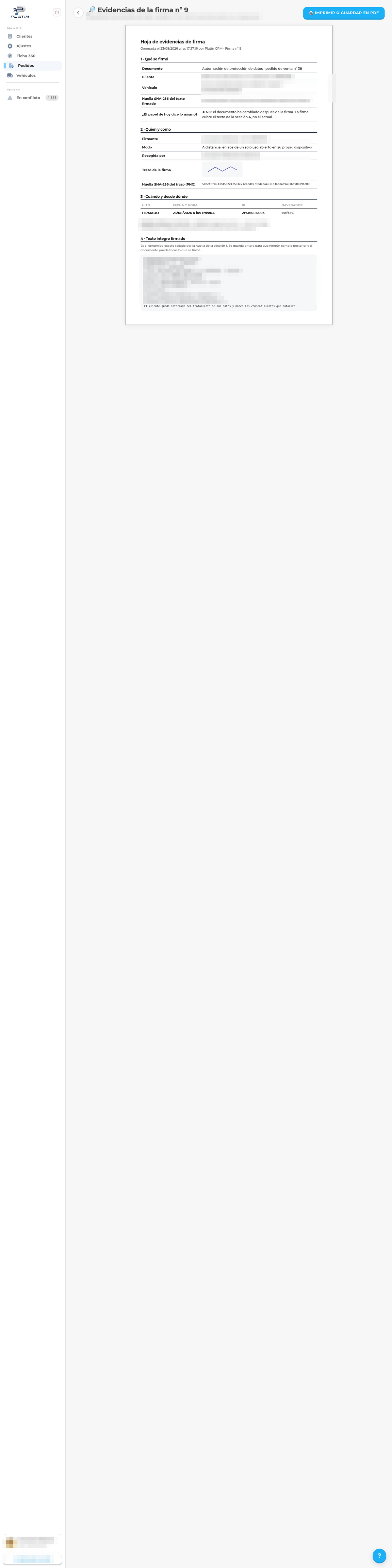Hoja de evidencias de una firma en Platín CRM: línea de tiempo, IP, GPS, huellas SHA-256 y texto sellado